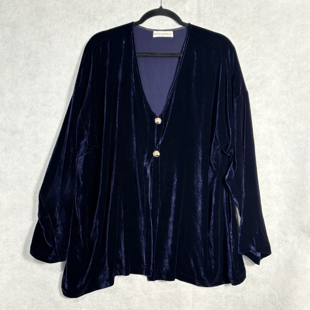Vtg BRYAN EMERSON Women Silk Blend Velvet Button Front Cardigan OS Blue 93-10